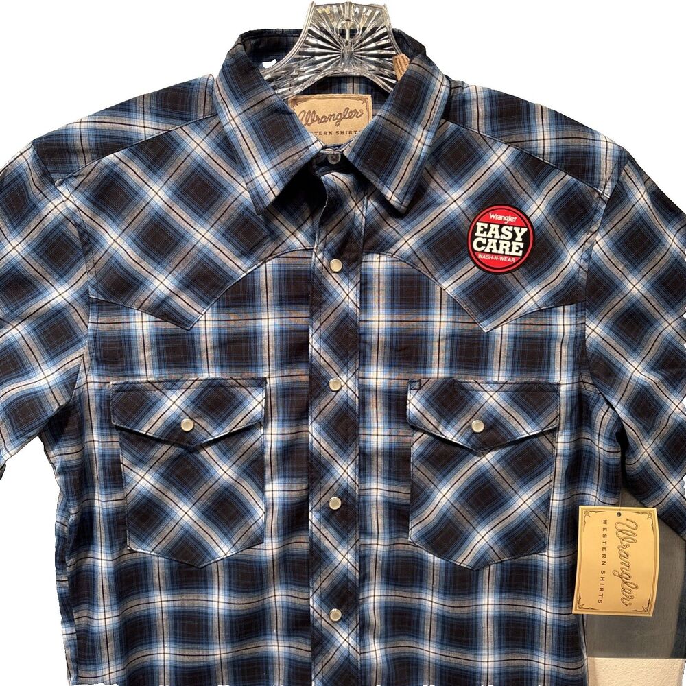 Wrangler Western Pearl Snap Cowboy Long Sleeve Blue/Gray/Black Plaid Shirt S NEW - Picture 5 of 16
